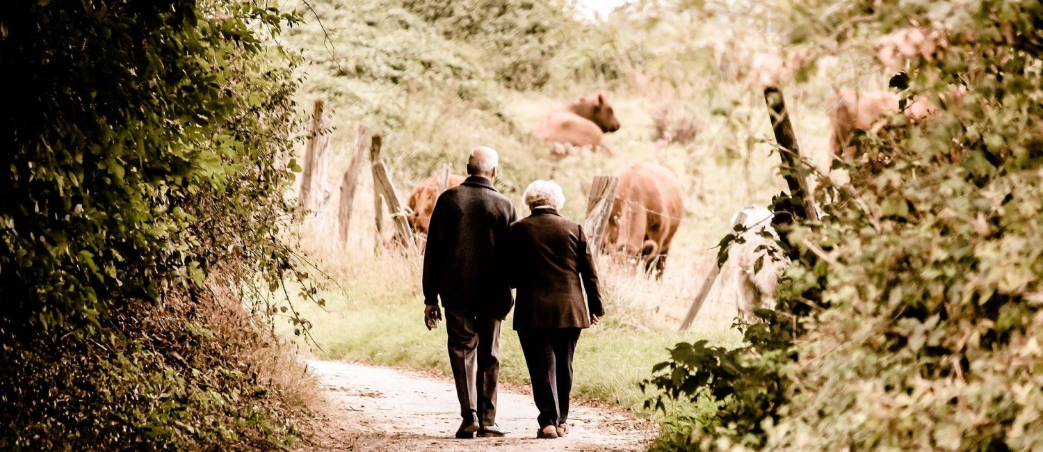 Coppia di anziani che passeggia in campagna